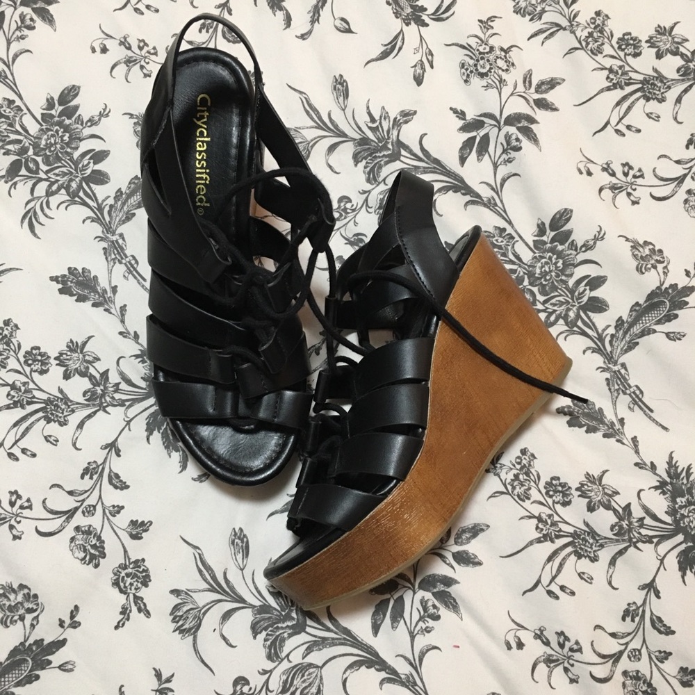 black lace up wedges
